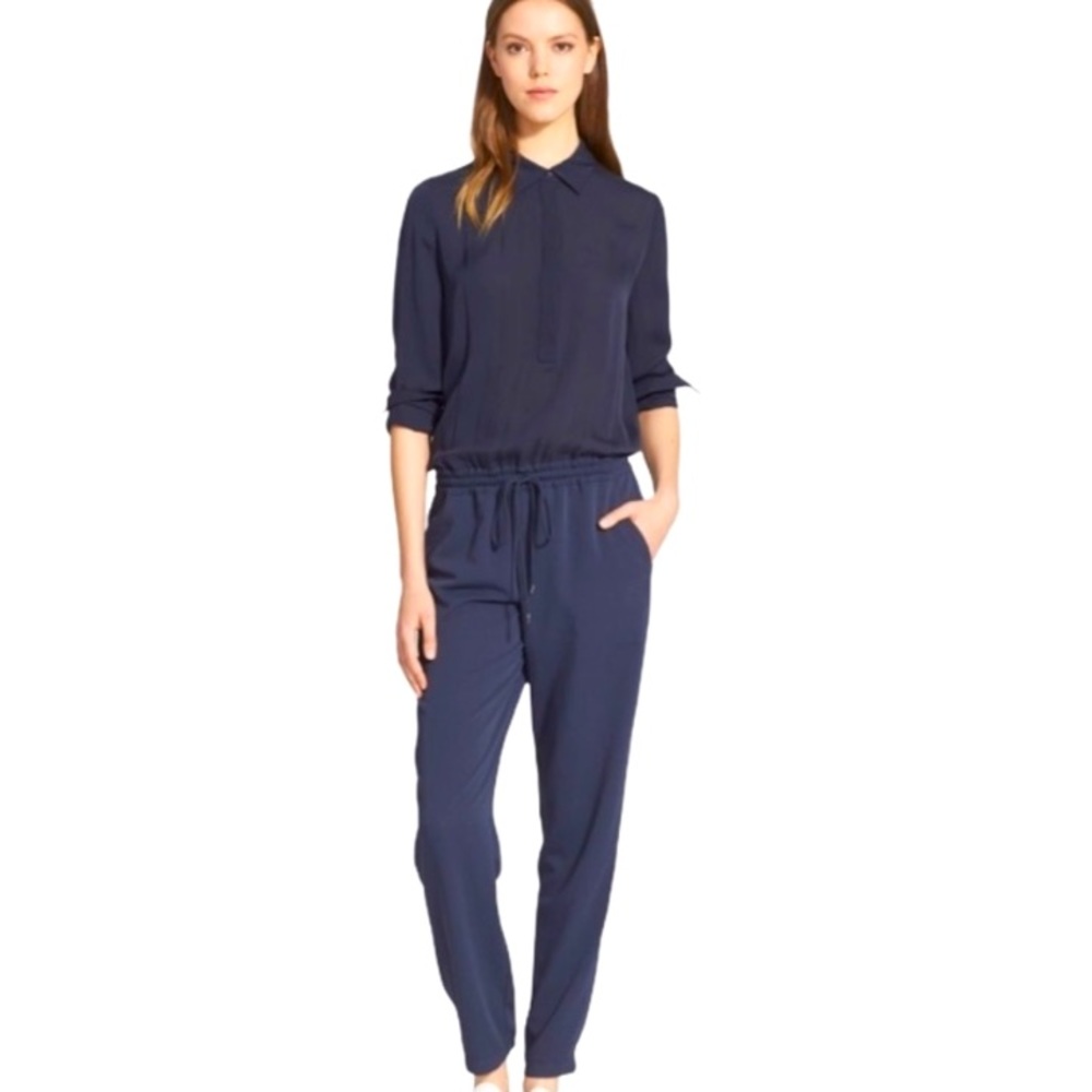New Vince Silk Long Sleeve Jumpsuit in Navy Blue Size 10